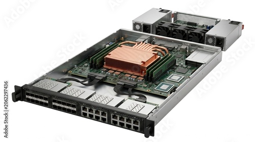 Network Server Hardware Open Chassis Internal Components Copper Heat Sink Data Center Technology Enterprise Computing Infrastructure Isolated White Background