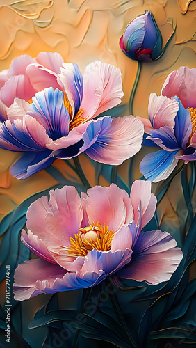 Vibrant Abstract Art of Pink and Blue Peonies Against a Textured Warm Background for Home Decor and Floral Art Enthusiasts professional commercial marketing content advertising 