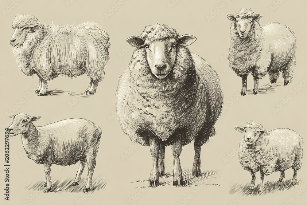 Fototapeta premium Detailed sketches of various sheep breeds in black and white