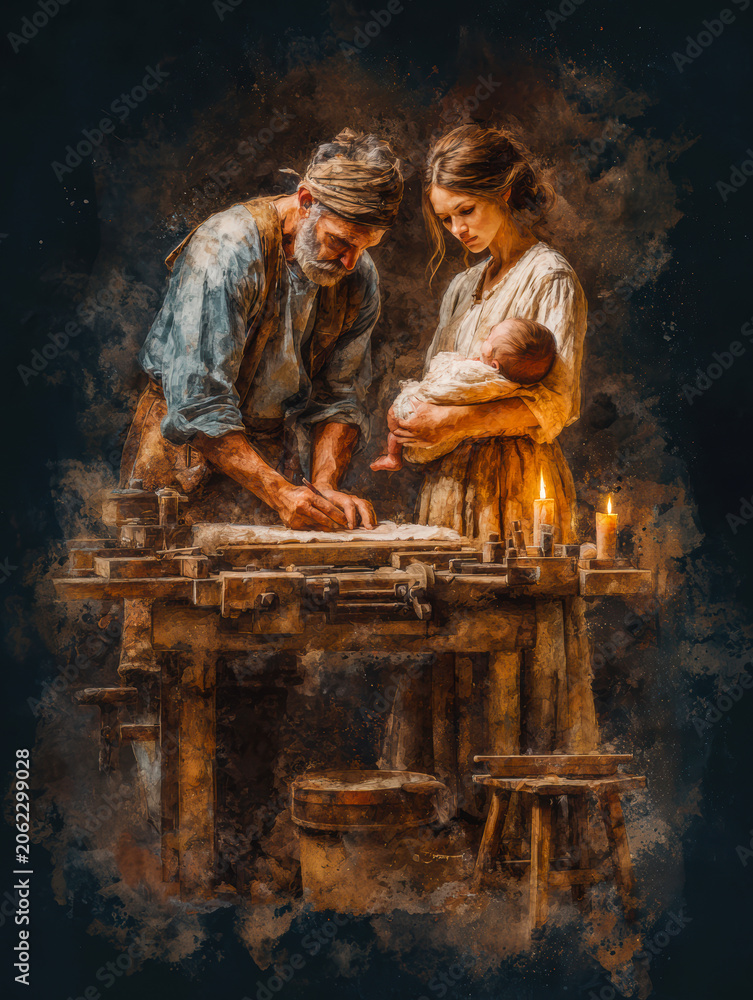 Fototapeta premium Holy Family Workshop Scene – Generative AI – no real persons
