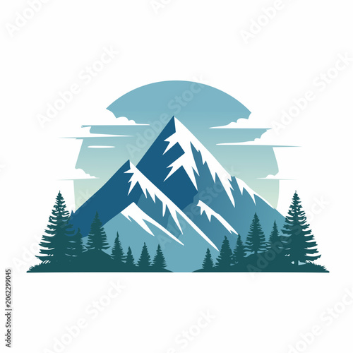 Stylized Mountain Landscape with Pine Trees and Sun