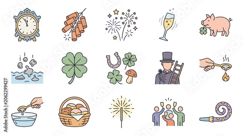Colorful illustrations of celebration symbols and actions