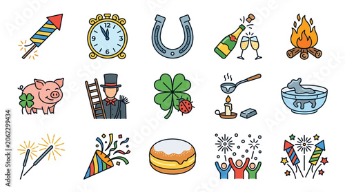Colorful illustrations of celebration symbols and events