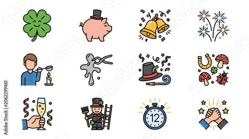 Colorful illustrations of celebrations and good luck symbols