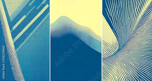 Striking Abstract Digital Artwork Featuring Geometric Lines, Mountain-Inspired Shapes, and Flowing Patterns in Cool Tones, Modern Design, Creative Composition, High-Resolution Graphics, Artistic