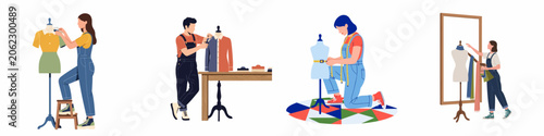 Foto Collection of professional dressmakers and fashion designers working with mannequins and fabric in a sewing studio, flat vector illustration set