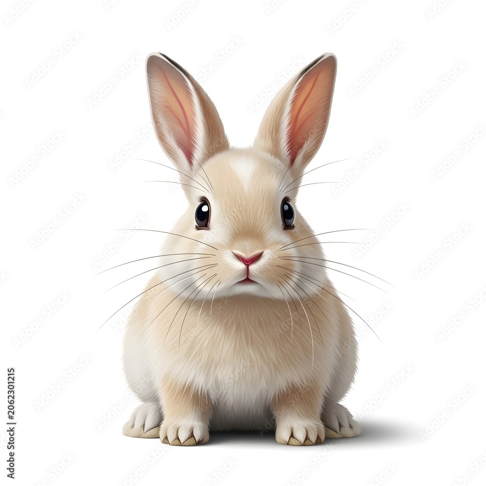 Fototapeta premium Cute fluffy white rabbit sitting and looking at camera