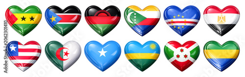 Set of African countries heart shaped flags on isolated background - ai generative