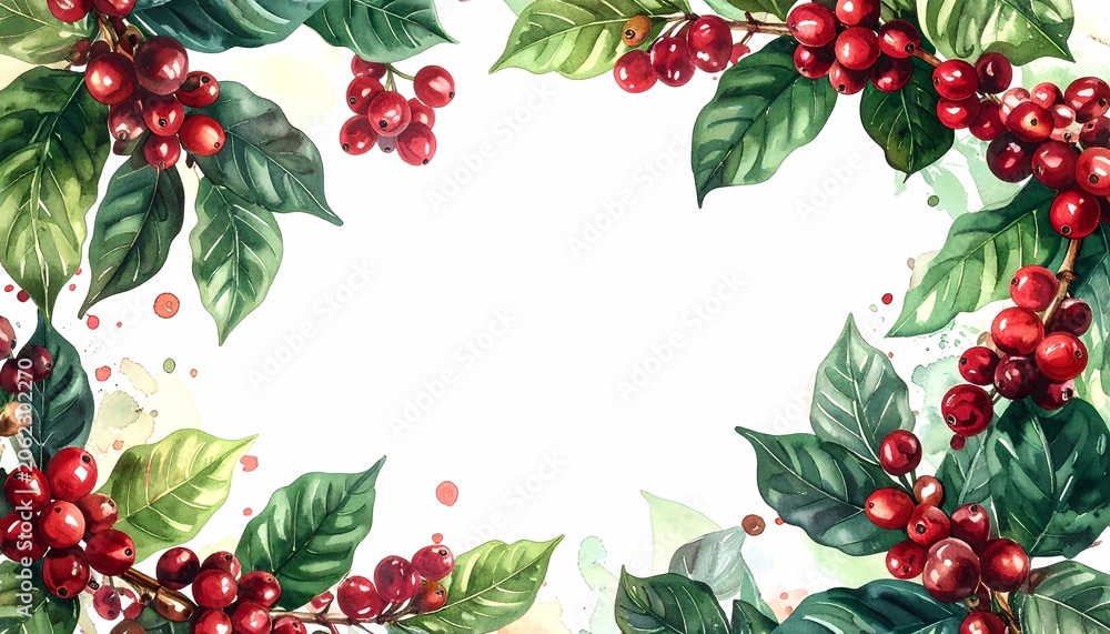 Fototapeta premium Coffee branches with red cherries frame, wide angle view for copy space, watercolor illustration, soft natural lighting on clean white background