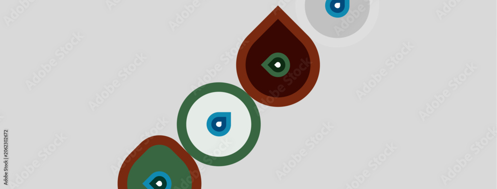 Fototapeta premium Abstract design features colorful circles, teardrops. Shapes overlap, creating visual interest. Minimalist style, light gray background.