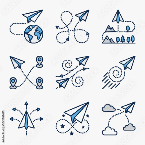 Fotografie Paper airplanes in various flight paths and destinations.