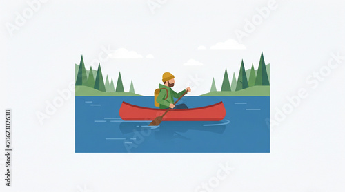 A man with a beard wearing a green jacket and yellow beanie hat paddling a red canoe on a calm blue lake surrounded by green pine trees and a clear sky with white clouds a serene outdoor adventure