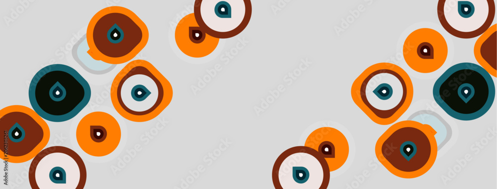 Naklejka premium Abstract pattern features circles, varying sizes, colors. Minimalist design, neutral background, simple shapes create visual interest.