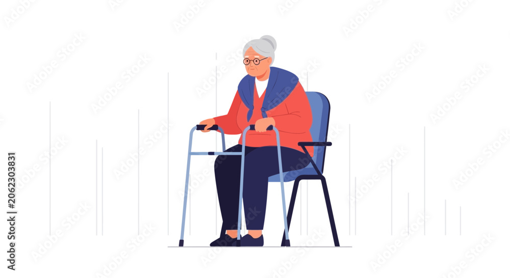 Fototapeta premium Elderly Woman with Walker Sitting in Chair, Senior Care Concept Illustration