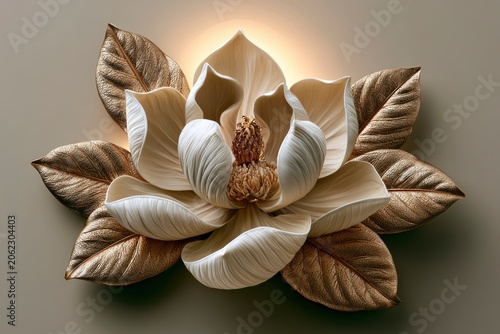 Sculptural magnolia blossom with gold accents on minimalist beige backdrop digital illustration for high-end cosmetic packaging