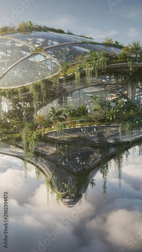 Dreamlike jungle roots floating through magical misty clouds
