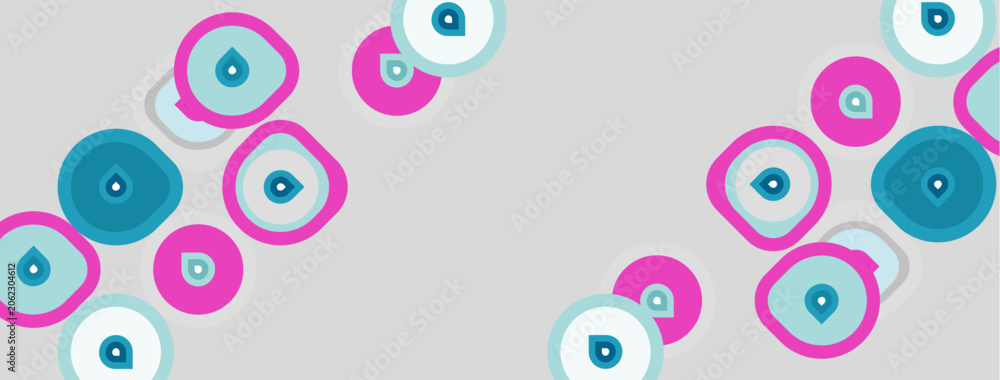 Fototapeta premium Abstract pattern features colorful circles, pink, blue, white. Repeating design creates modern background. Simple shapes, clean aesthetic.