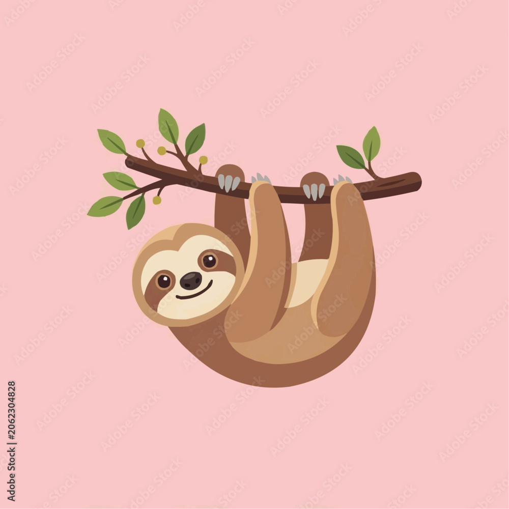 Fototapeta premium Cute cartoon sloth hanging from a tree branch vector illustration with wildlife