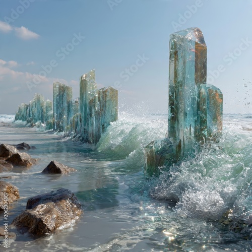 Dynamic sea waves crashing onto the picturesque coastal shore during blue daylight