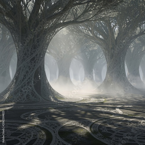 Ethereal misty sunbeams filtering through a mystical ancient forest canopy.