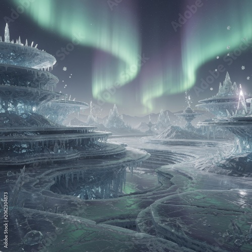 Mystical fantasy landscape with ancient ruins under glowing aurora sky