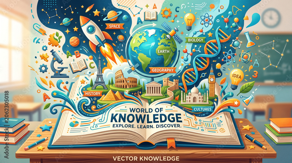 Obraz premium World of Knowledge Explore Learn Discover Open Book with Educational Elements Including Space Earth Biology History Geography and Cultures in a Classroom Setting for Learning and Education