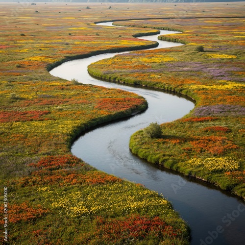 Serene winding river cutting through lush marsh landscape vegetation.