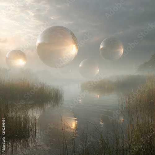 Mystical Golden Hour Mist Over Serene Calm Landscape Water