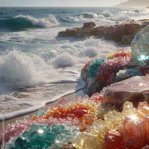 Close-up of sparkling turquoise and gold crystalline sea minerals on wet beach
