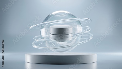 Conceptual glass orb and fluid energy lines on a futuristic white podium