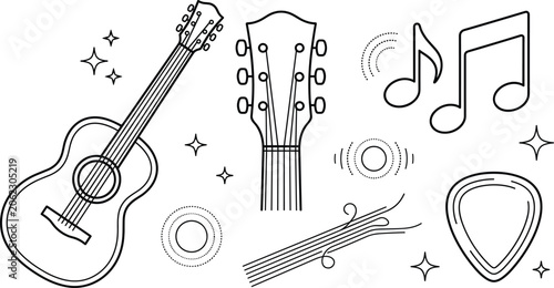 Schilderij op canvas Acoustic guitar line icons set with musical notes headstock plectrum sound waves