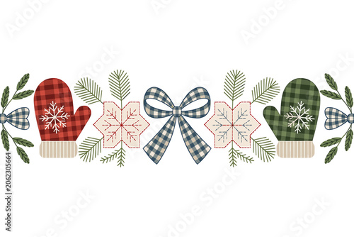 Christmas Mitten Border with Pine Branches and Ribbons