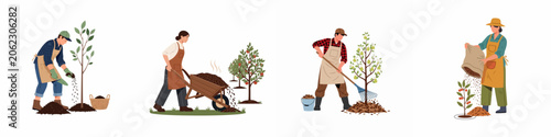 Obraz na płótnie Set of illustrations depicting gardeners and farmers mulching, fertilizing, and planting fruit trees and bushes in an orchard, flat vector style