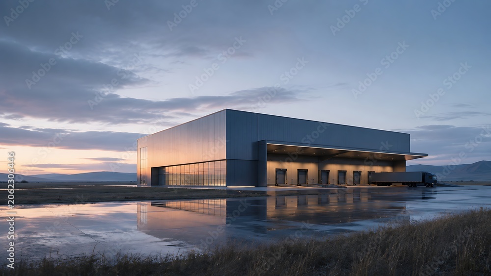 Fototapeta premium Modern industrial building with reflective facade at dusk, surrounded by water and open landscape.