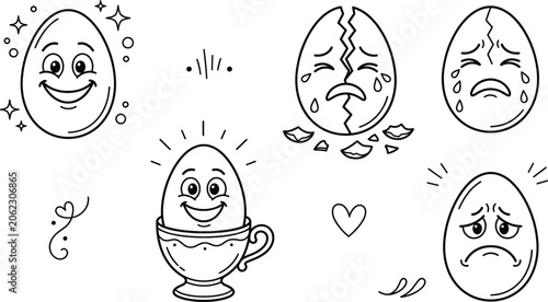 Bild auf Leinwand Cute egg cartoon characters line art set with happy sad broken crying faces emot