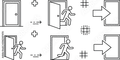 Картината върху платно Emergency evacuation line icons set with running man escaping open door arrow ex