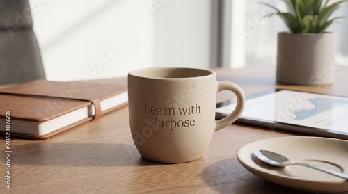 A motivational coffee mug sits on a desk with a book and laptop nearby indoors.