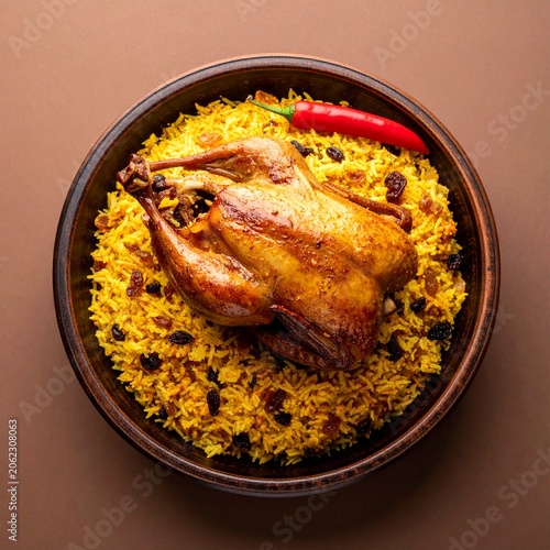 Roasted Chicken with Yellow Rice and Red Chili Pepper