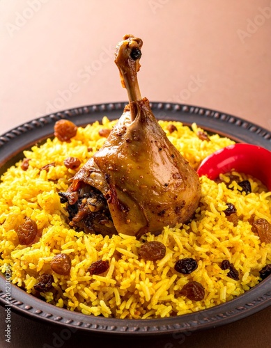 Traditional Lamb Kabsa with Yellow Rice and Spices on Black Plate