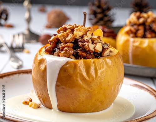 Baked Apple with Oatmeal and Nuts on White Plate