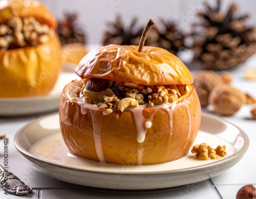 Baked Pumpkin Stuffed with Nuts and Glaze on White Plate
