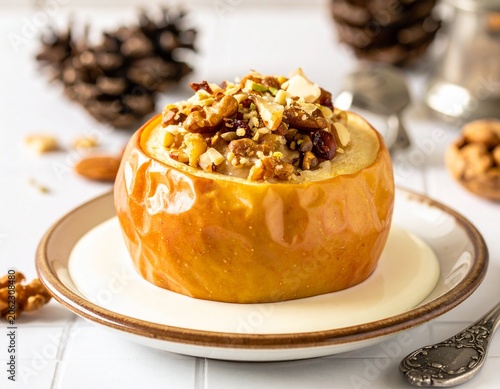 Baked Apple with Nuts on Plate