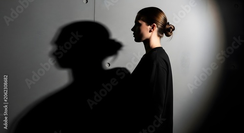 Woman's profile with a long shadow cast on a white wall, creating a dramatic and contemplative mood.