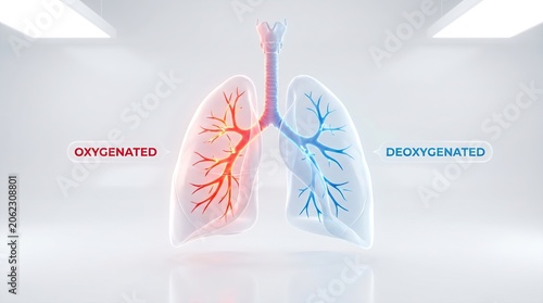 Anatomical illustration of human lungs with oxygenated and deoxygenated blood vessels