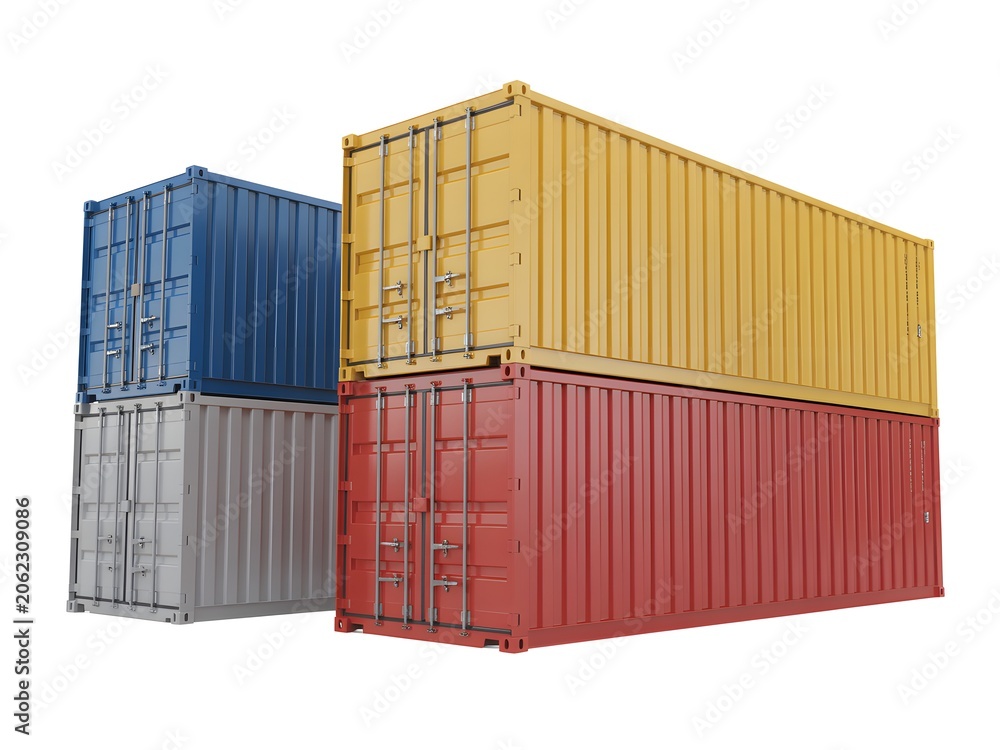 Fototapeta premium Stack of industrial shipping containers in red blue yellow and grey colors