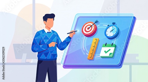 Businessman presenting schedule timeline with target and clock on screen