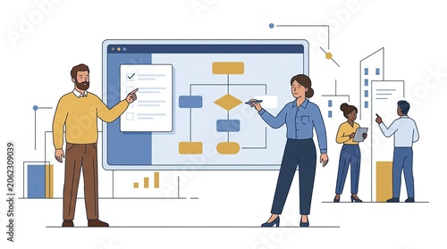 Business team presents workflow diagram on large computer screen