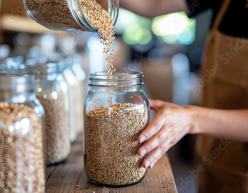 Close up of hands refilling reusable glass jar with organic grains at a zero-waste grocery station.