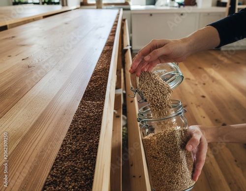 Close up of hands refilling reusable glass jar with organic grains at a zero-waste grocery station.