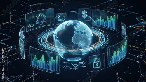 Global network visualization with futuristic interface and data charts